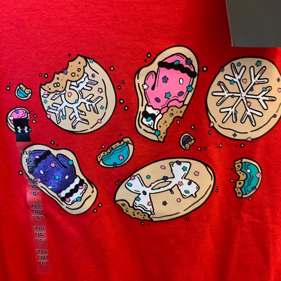 NWT Cute Girls Under Armour Red Holiday Tee Shirt YLG Cookies Snowflake Mittens - Picture 2 of 5